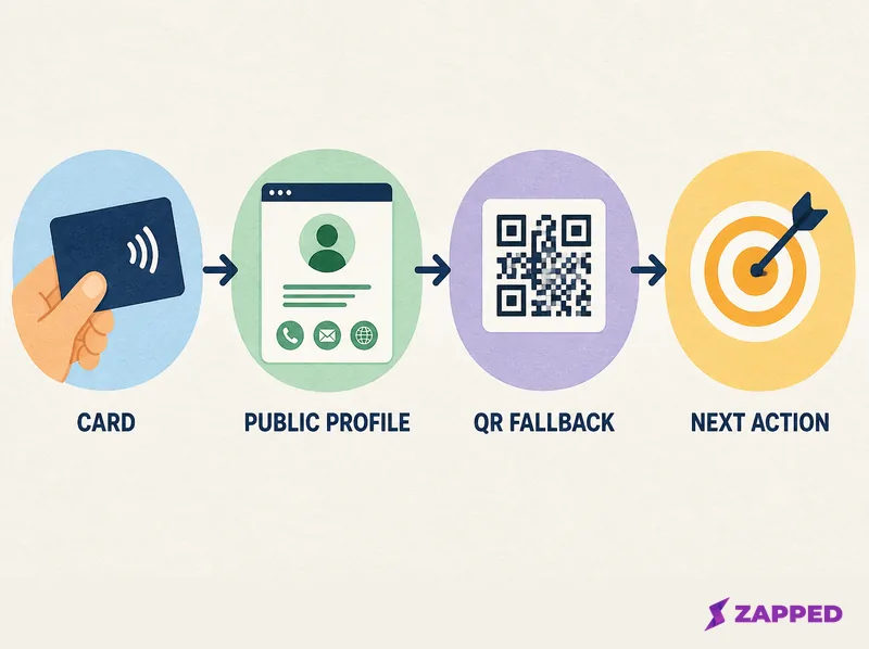 Diagram showing an NFC business card sending a public URL to a live profile with a QR fallback and one next action
