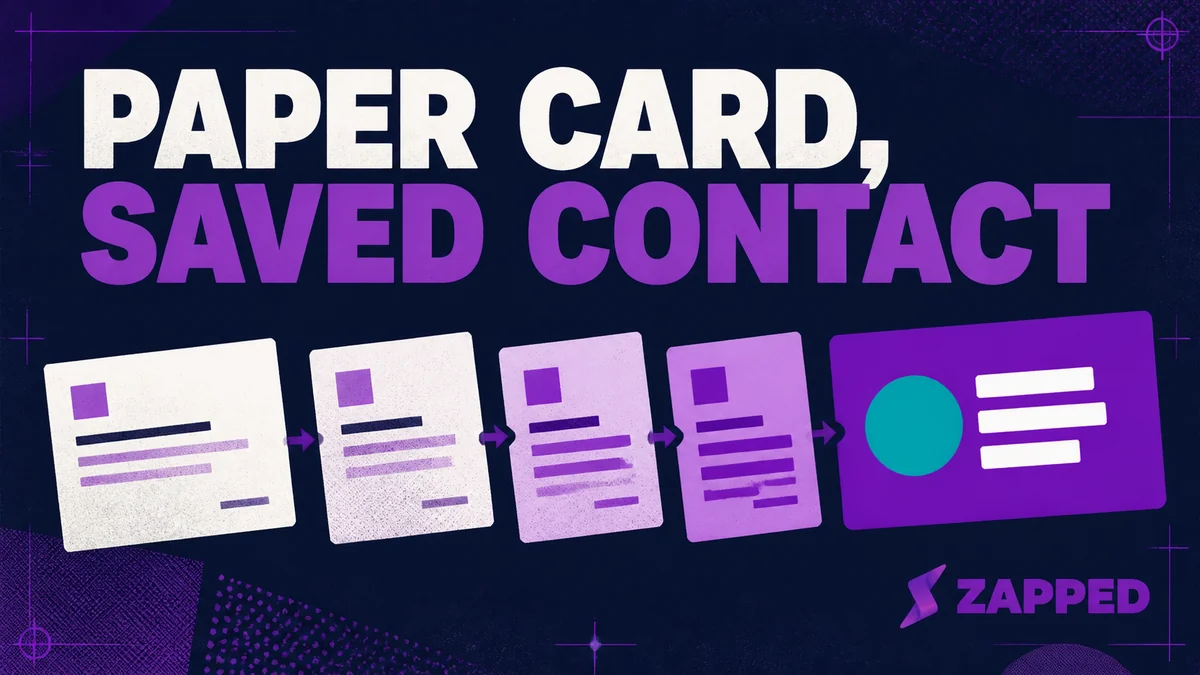 Editorial poster reading PAPER CARD, SAVED CONTACT: a plain paper business card changing across five stages into a filled contact record tile