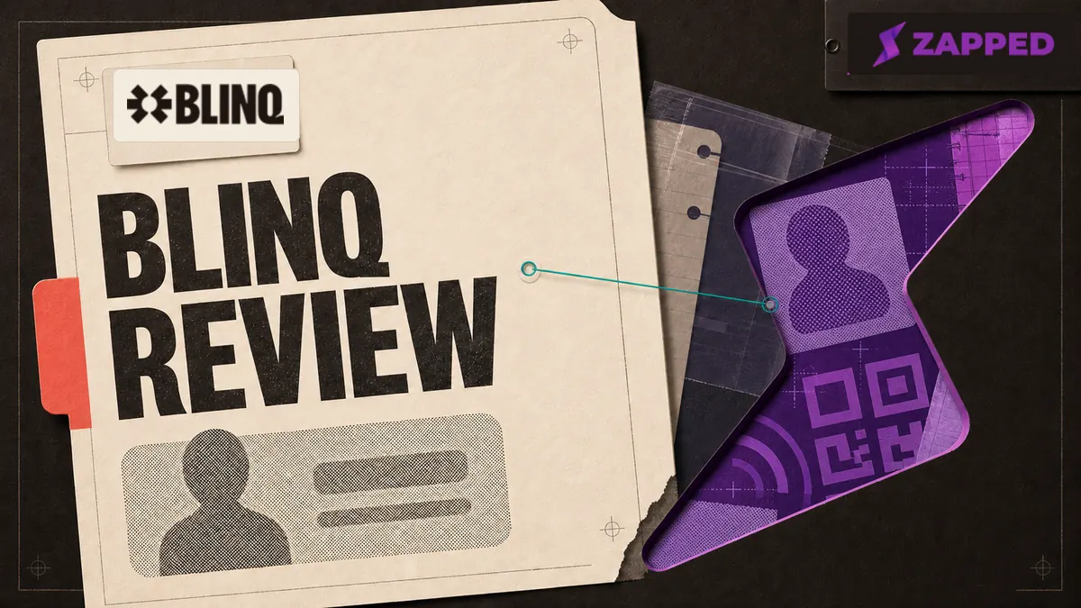 Editorial Blinq review dossier examined through a purple Zapped lightning-bolt frame