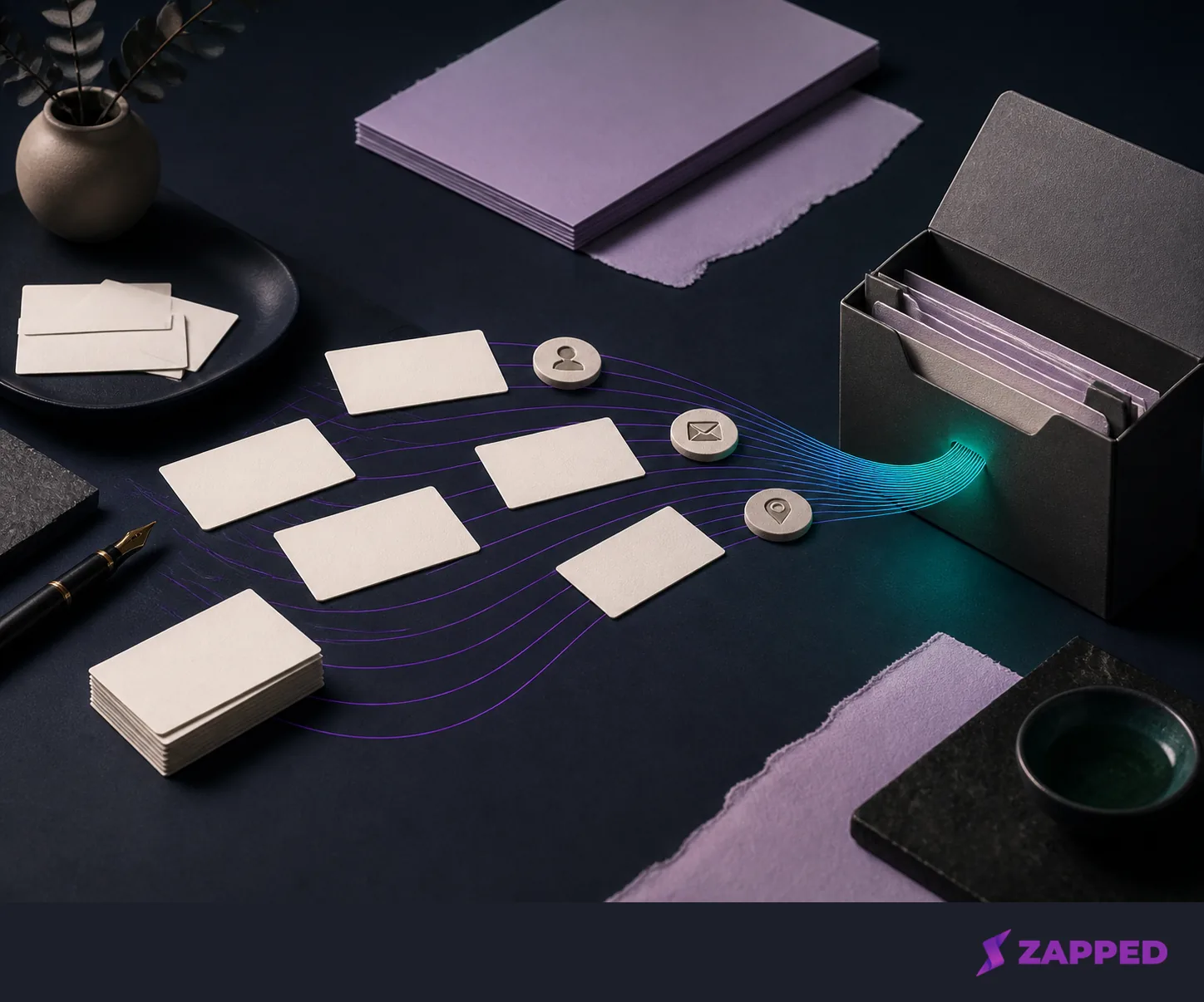 Blank contact cards moving along a glowing path toward a neutral archive folder in a conceptual editorial illustration