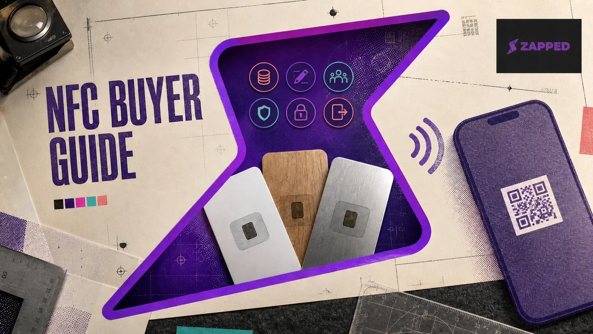 Editorial NFC buyer guide showing plastic, wood, and metal cards beside tap and QR sharing