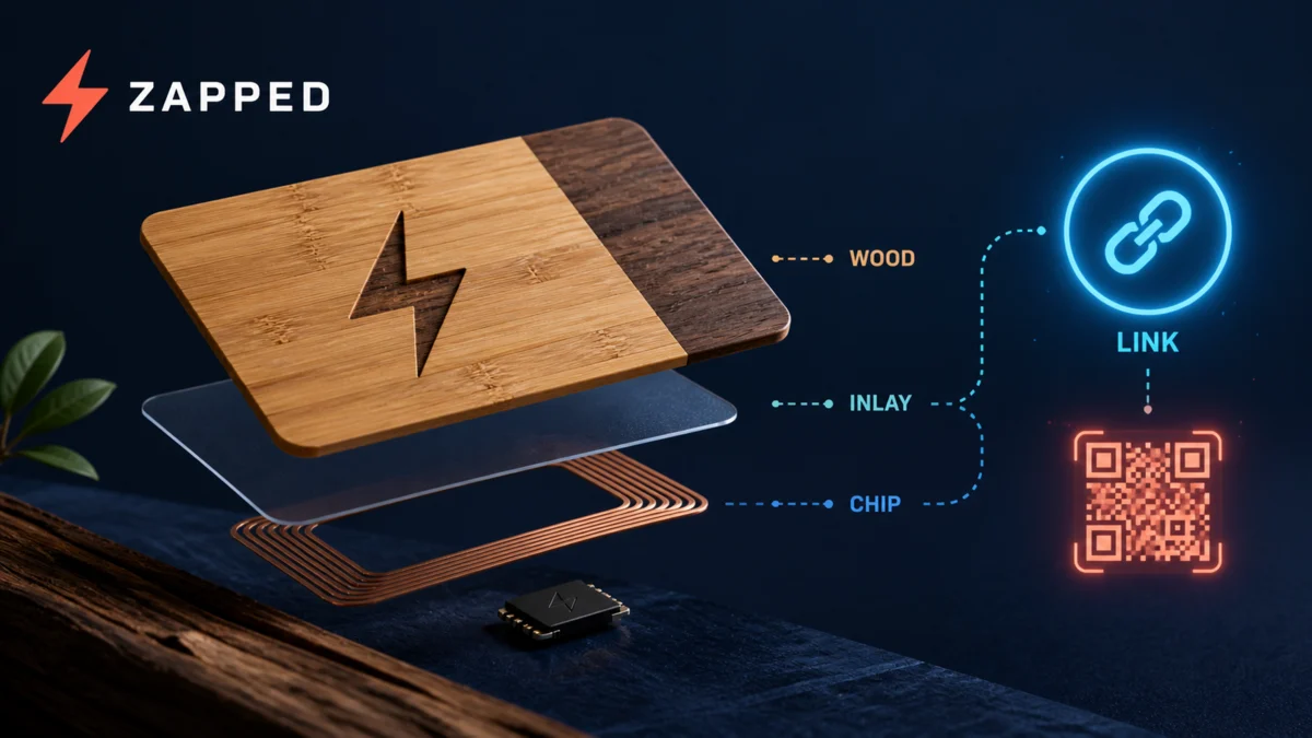Editorial wooden NFC business card beside a chip layer, engraved mark, and QR fallback