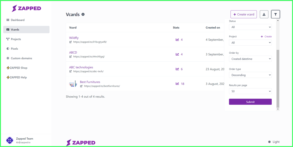 How to Access Vcards Section?