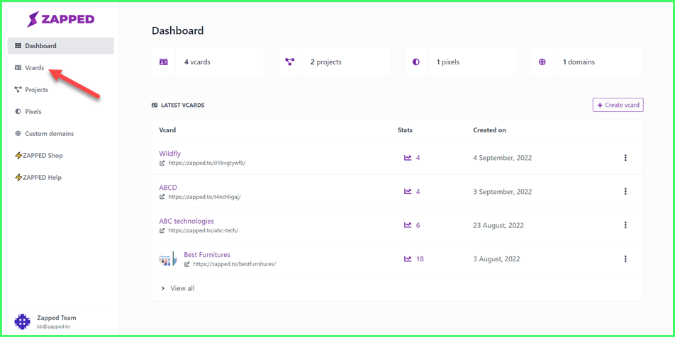 How to Access Vcards Section?