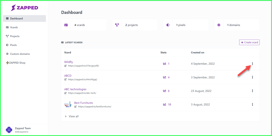 How to create a vCard from Dashboard?