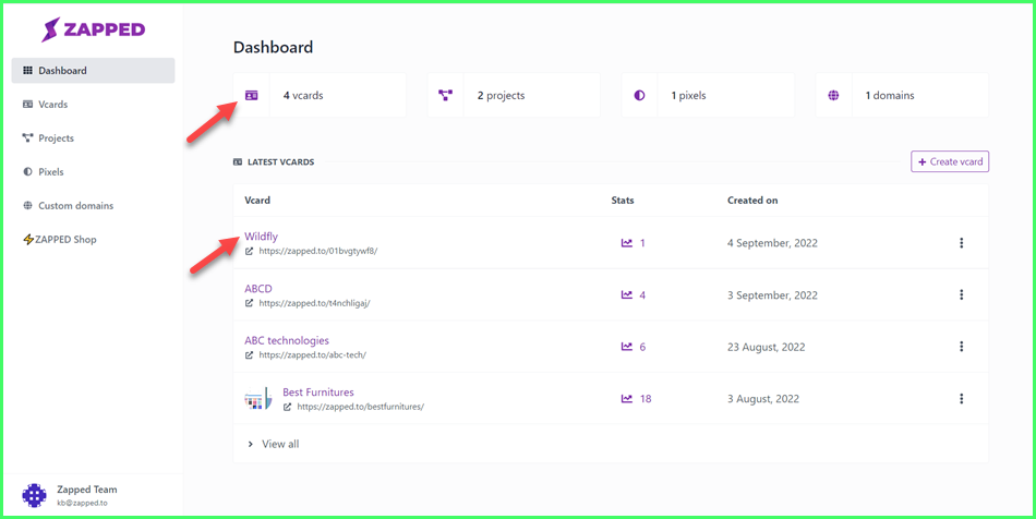 How to create a vCard from Dashboard?