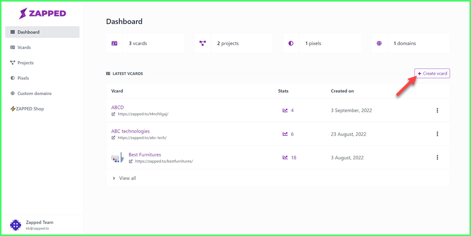 How to create a vCard from Dashboard?