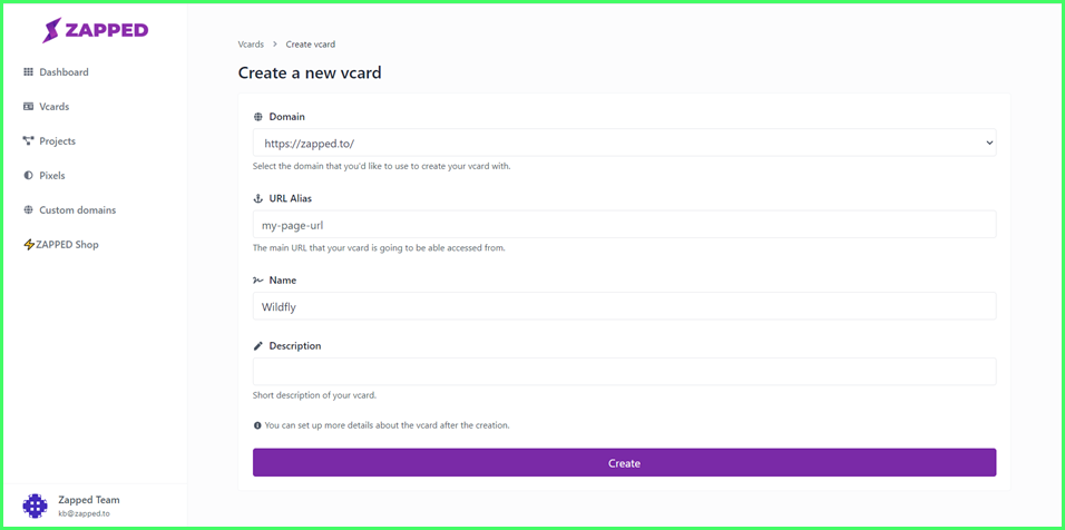 How to create a vCard from Dashboard?